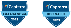 Capterra Best ease of use badge and Capterra Best Value badge