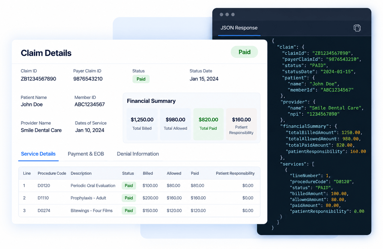 Claim details with payment summary and service lines alongside the Claims Visibility API JSON response